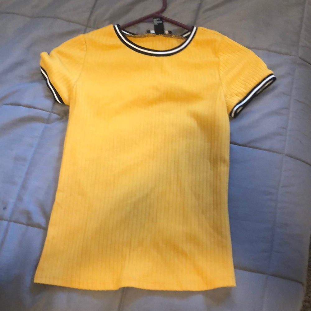 yellow black and white sleeve striped shirt